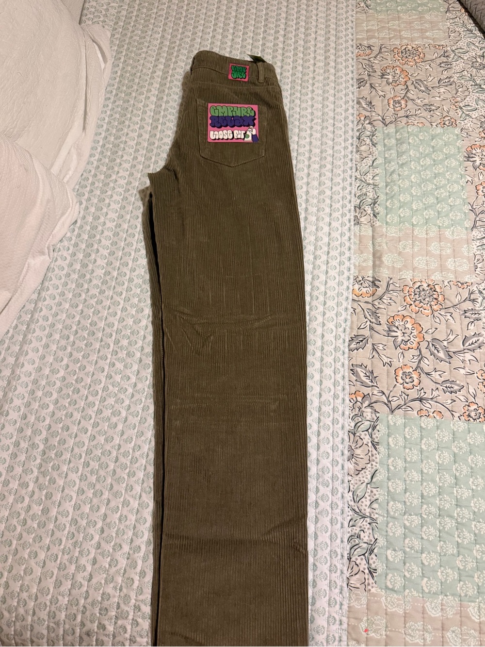 Zumiez Olive Green Corduroy Jeans with Colorful Back Patch